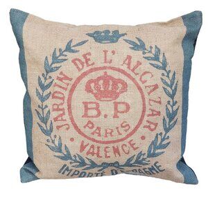 Vintage Burlap Feed Sack Pillow With BP Paris Crown & Laurel Jardin De LAlcazar